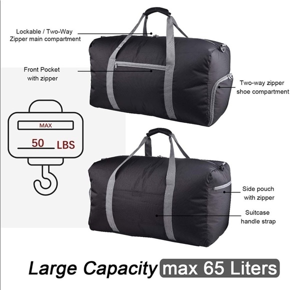 New 65L Travel Duffel Bag Foldable/Lightweight blk - Picture 4 of 16